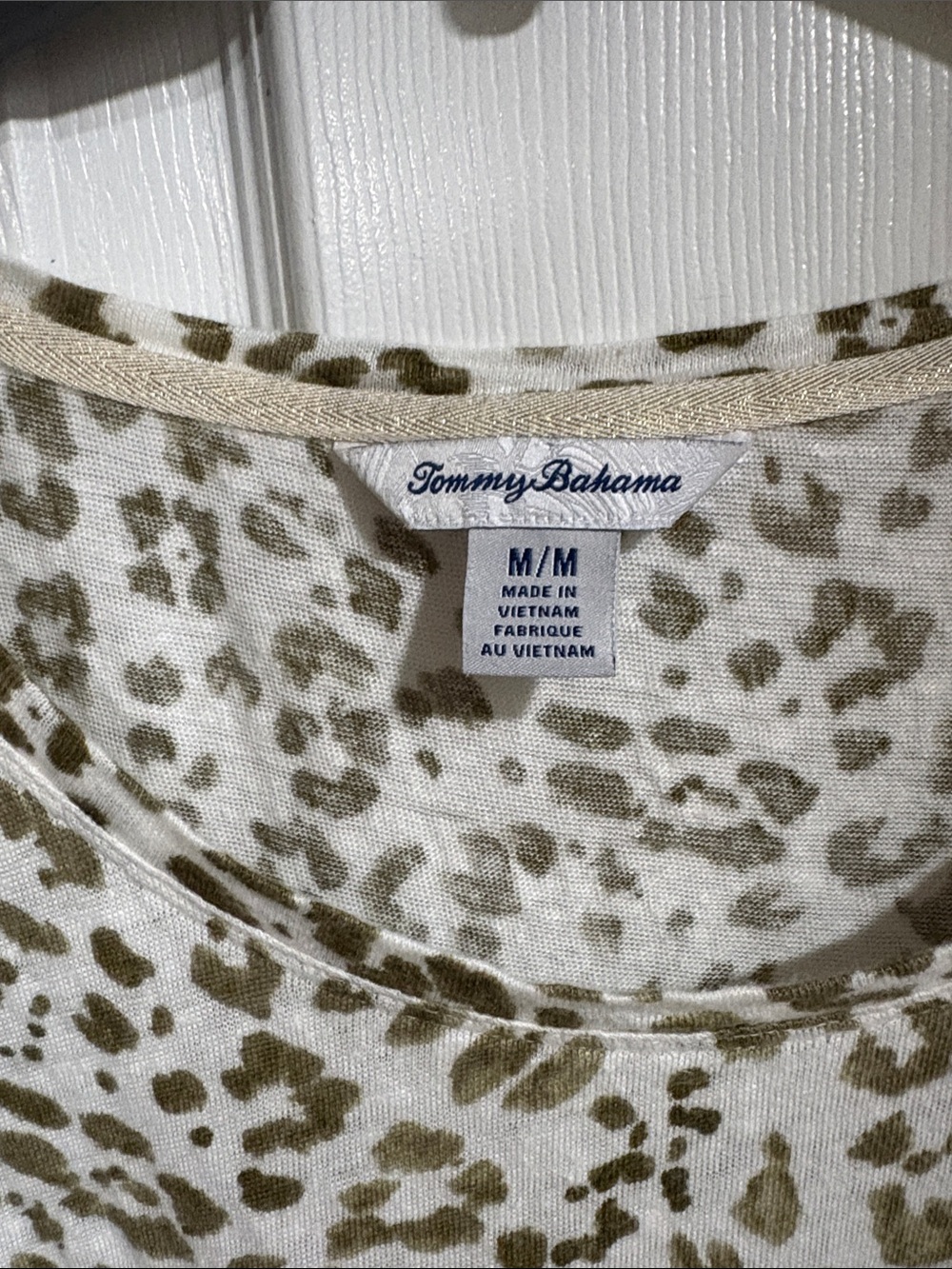 Tommy Bahama Olive and Cream Leopard Print Short Sleeve Top - Picture 2 of 3